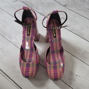 Larroude Pink Plaid Platform Mary Jane Heels